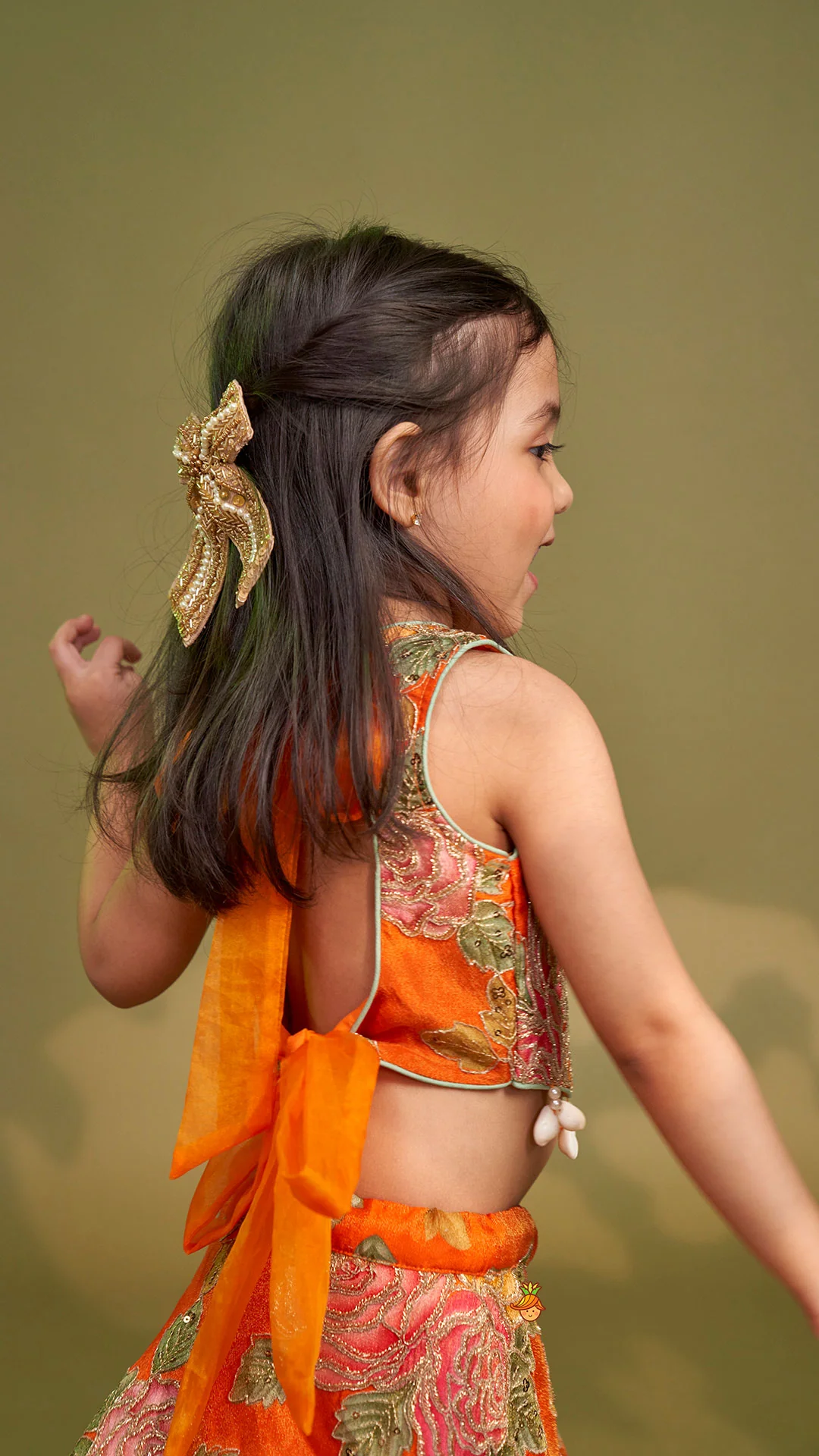 Elegant Orange Floral Printed Top With Lehenga And Dupatta - Image 8