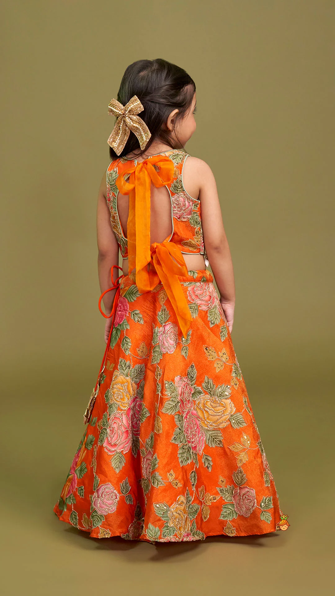 Elegant Orange Floral Printed Top With Lehenga And Dupatta - Image 9