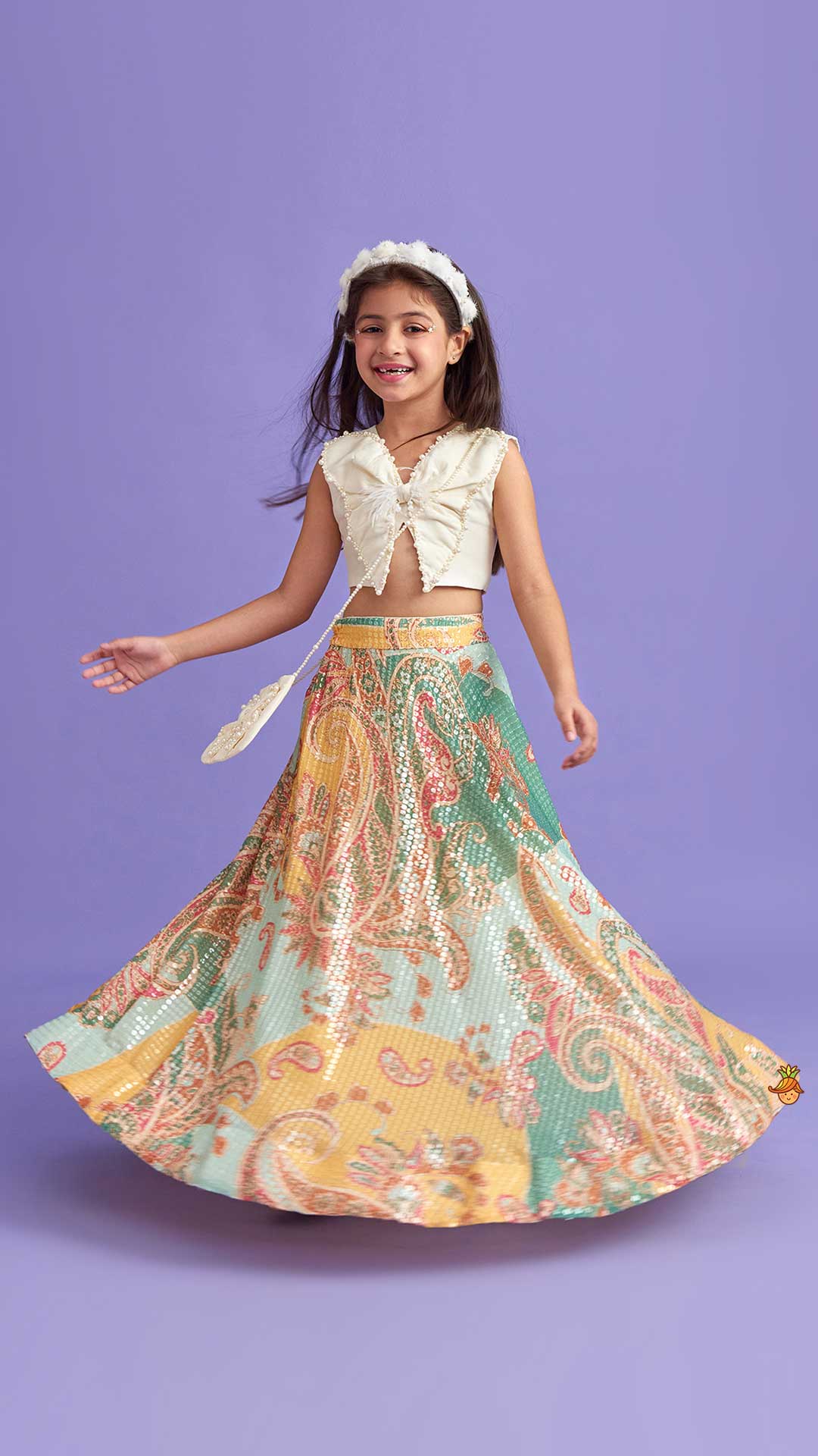 Elegant Pearl Embroidered Butterfly Top And Sequins Work Lehenga With Sling Bag - Image 2