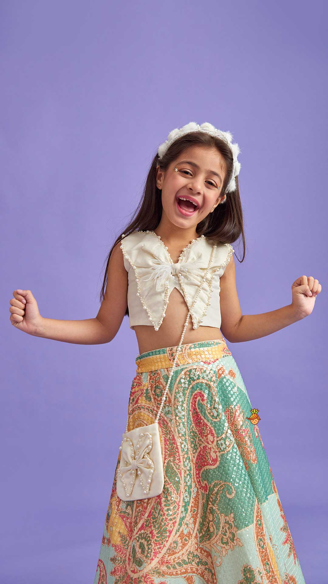 Elegant Pearl Embroidered Butterfly Top And Sequins Work Lehenga With Sling Bag - Image 4