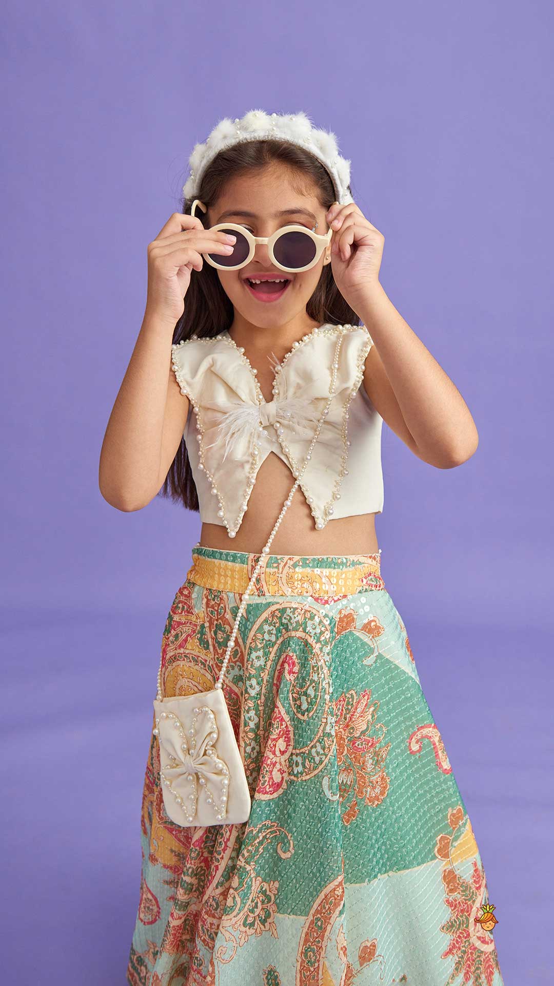 Elegant Pearl Embroidered Butterfly Top And Sequins Work Lehenga With Sling Bag - Image 6