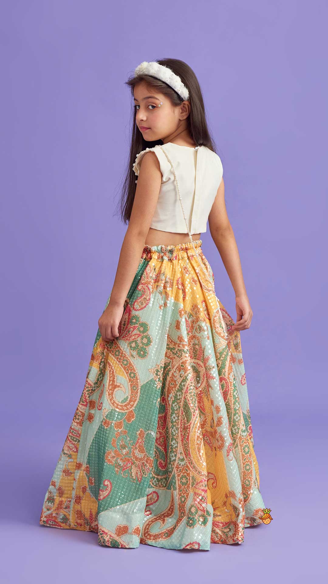 Elegant Pearl Embroidered Butterfly Top And Sequins Work Lehenga With Sling Bag - Image 8
