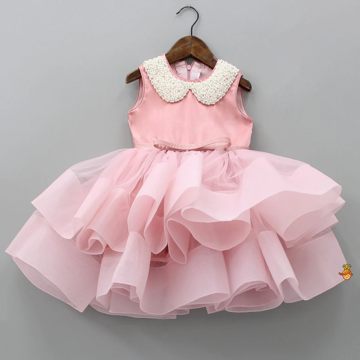 Elegant Pearls Embellished Onion Pink Ruffle Dress With Floral Hair Clip - Image 3