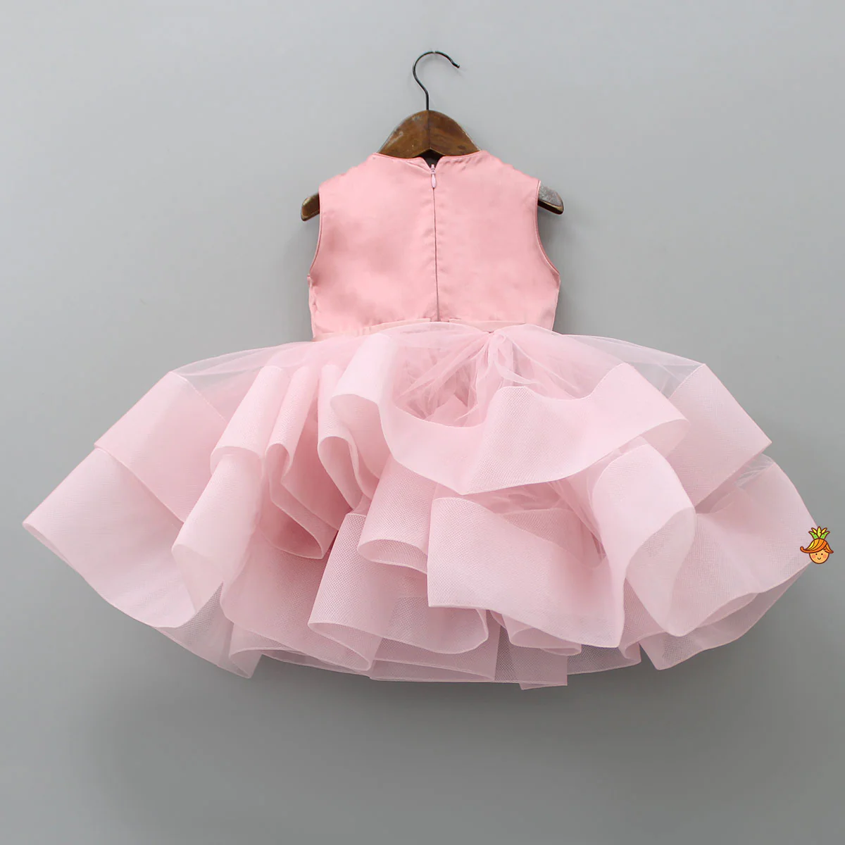Elegant Pearls Embellished Onion Pink Ruffle Dress With Floral Hair Clip - Image 4