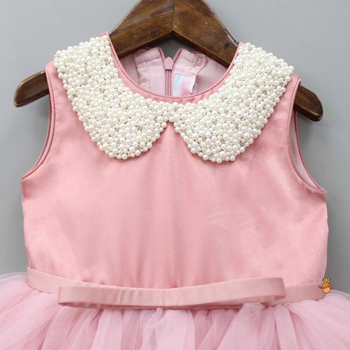Elegant Pearls Embellished Onion Pink Ruffle Dress With Floral Hair Clip - Image 5
