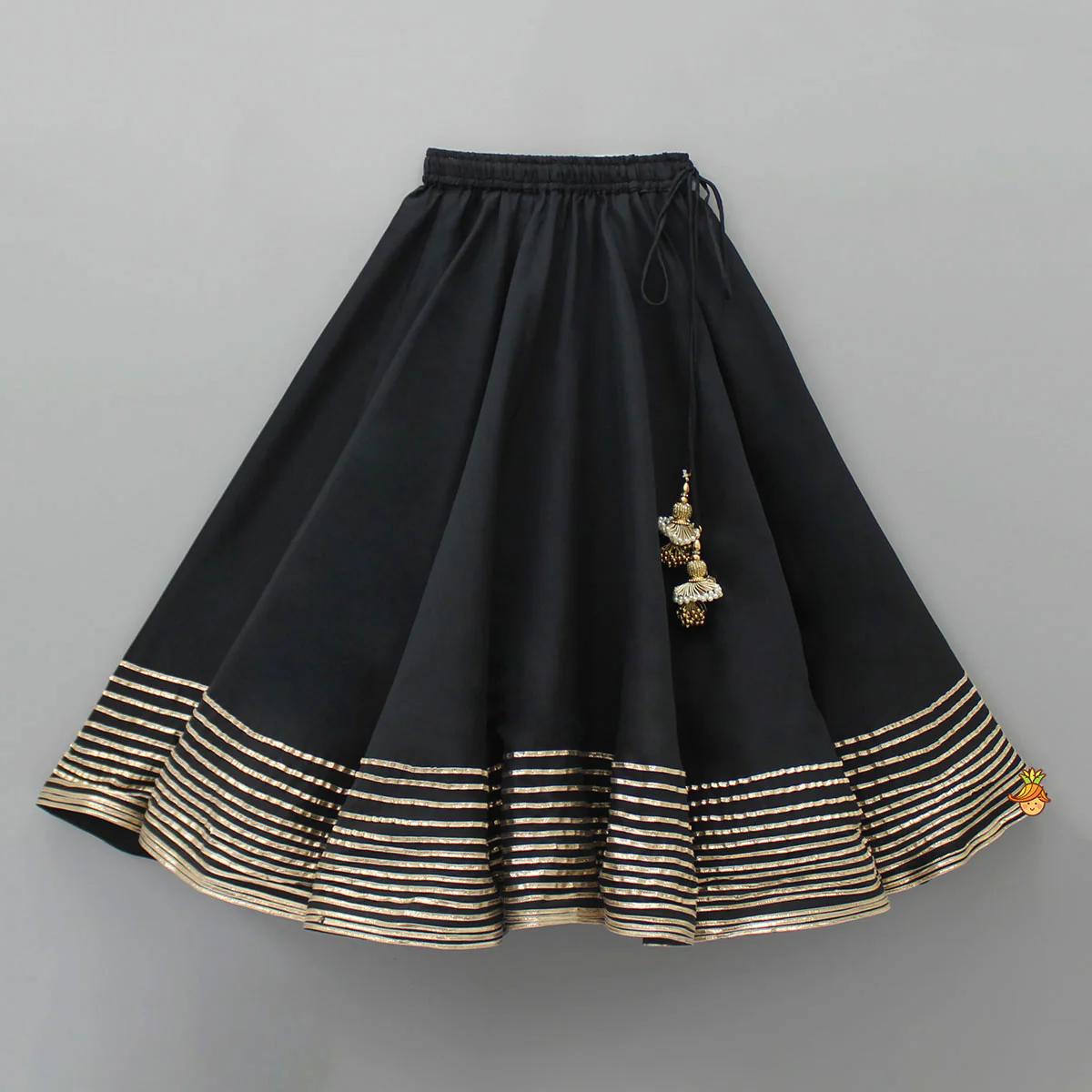 Elegant Pleated Black Top And Gota Lace Work Flared Lehenga With Beige Dupatta - Image 5