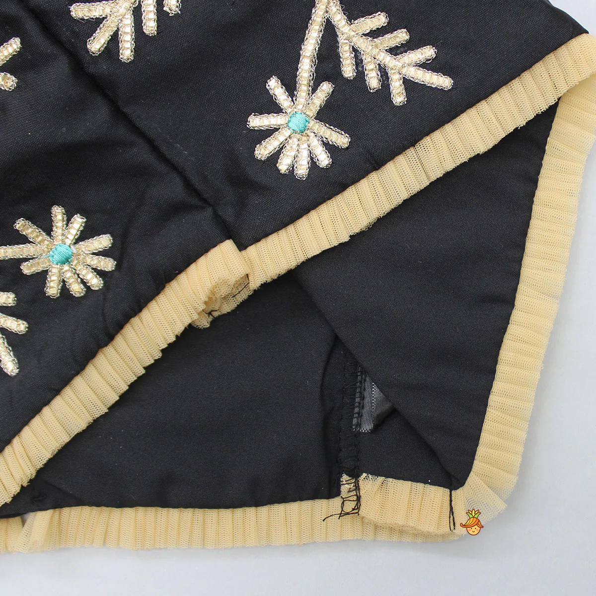 Elegant Pleated Black Top And Gota Lace Work Flared Lehenga With Beige Dupatta - Image 6