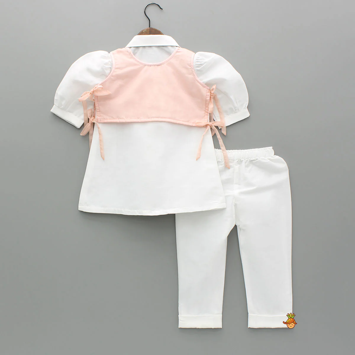 Elegant Shirt Style Top With Peach Embroidered Embellished Jacket And Pant - Image 2
