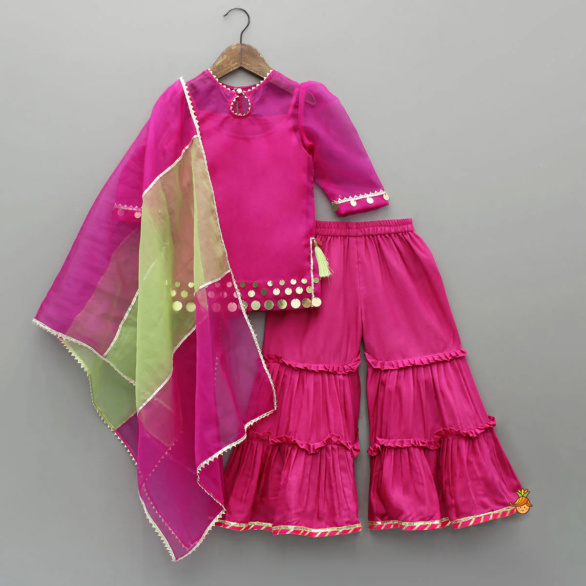 Elegant Strappy Top With Embellished Kurti And Ruffled Sharara With Dupatta