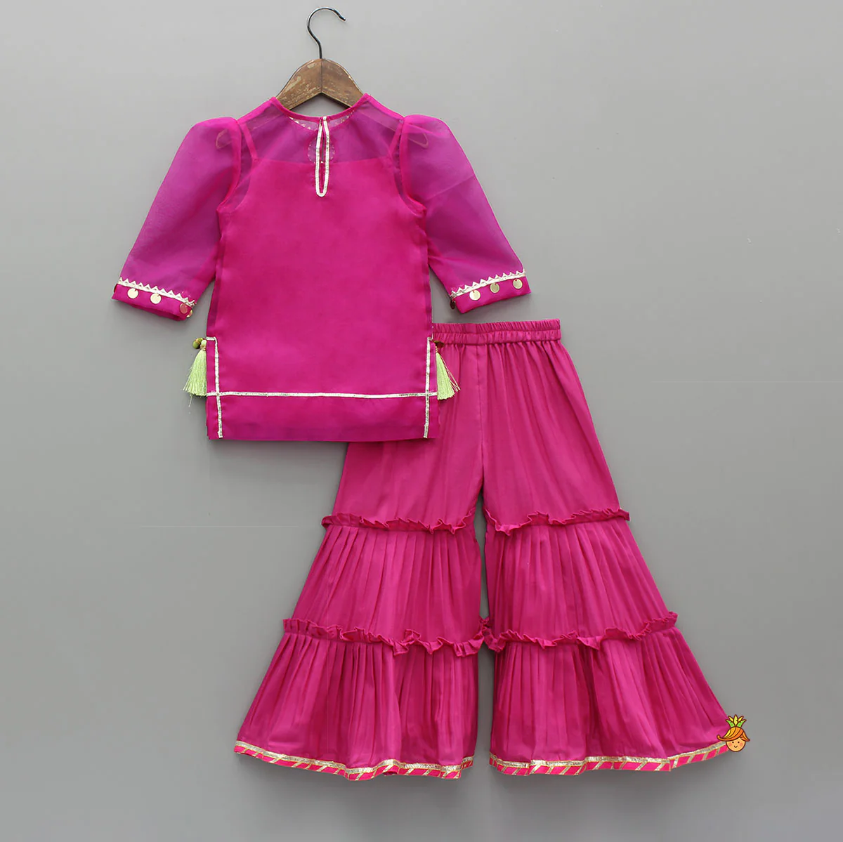 Elegant Strappy Top With Embellished Kurti And Ruffled Sharara With Dupatta - Image 3