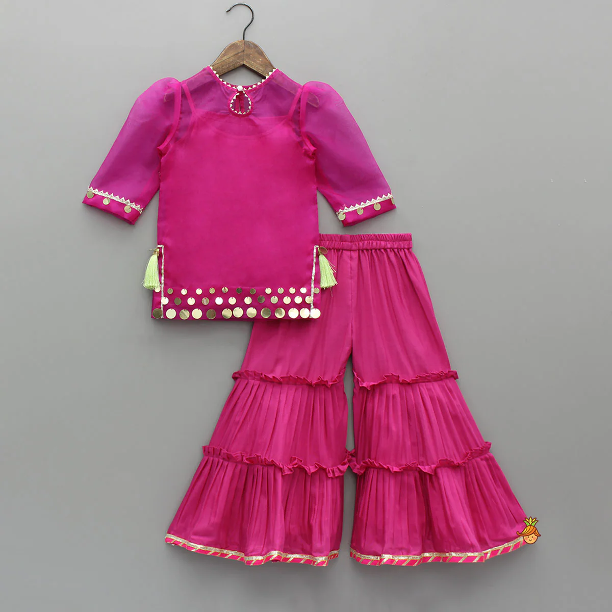 Elegant Strappy Top With Embellished Kurti And Ruffled Sharara With Dupatta - Image 4