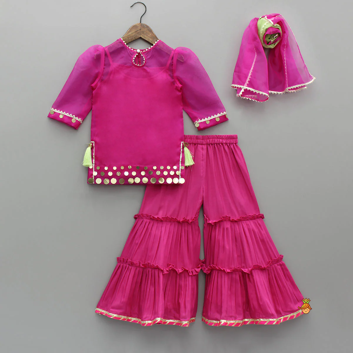 Elegant Strappy Top With Kurti And Ruffled Sharara With Dupatta - Image 2
