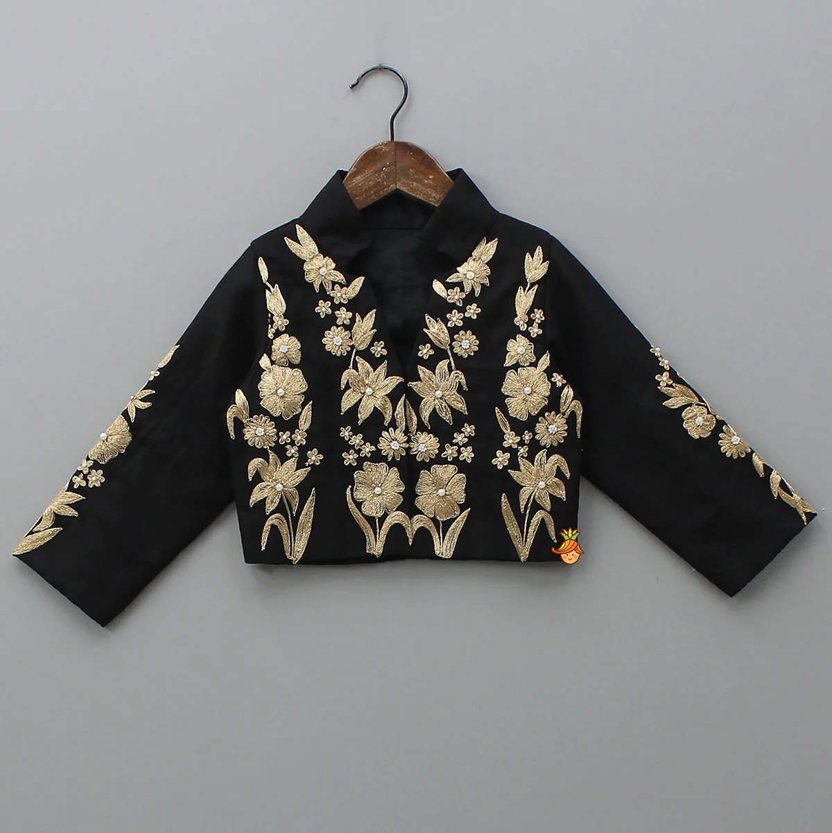 Elegant Zari Floral Embroidered Jacket-Style Top And Lehenga - Image 3