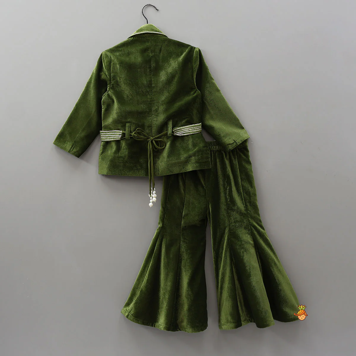 Embellished Velvet Jacket Top With Flared Pants And Embroidered Belt - Image 2