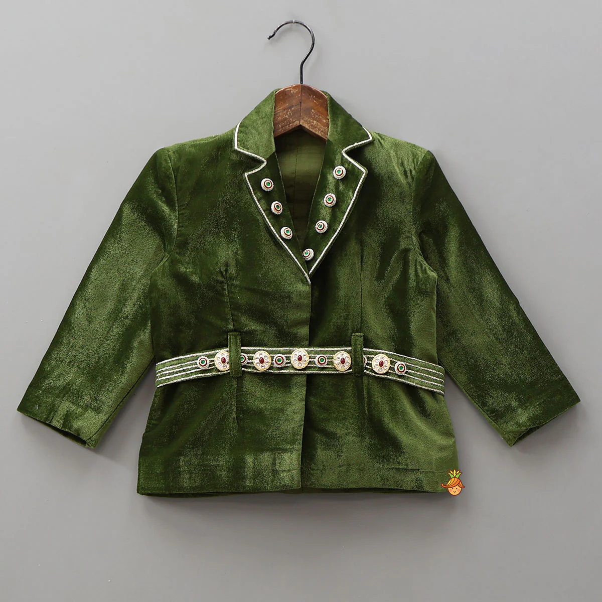 Embellished Velvet Jacket Top With Flared Pants And Embroidered Belt - Image 3