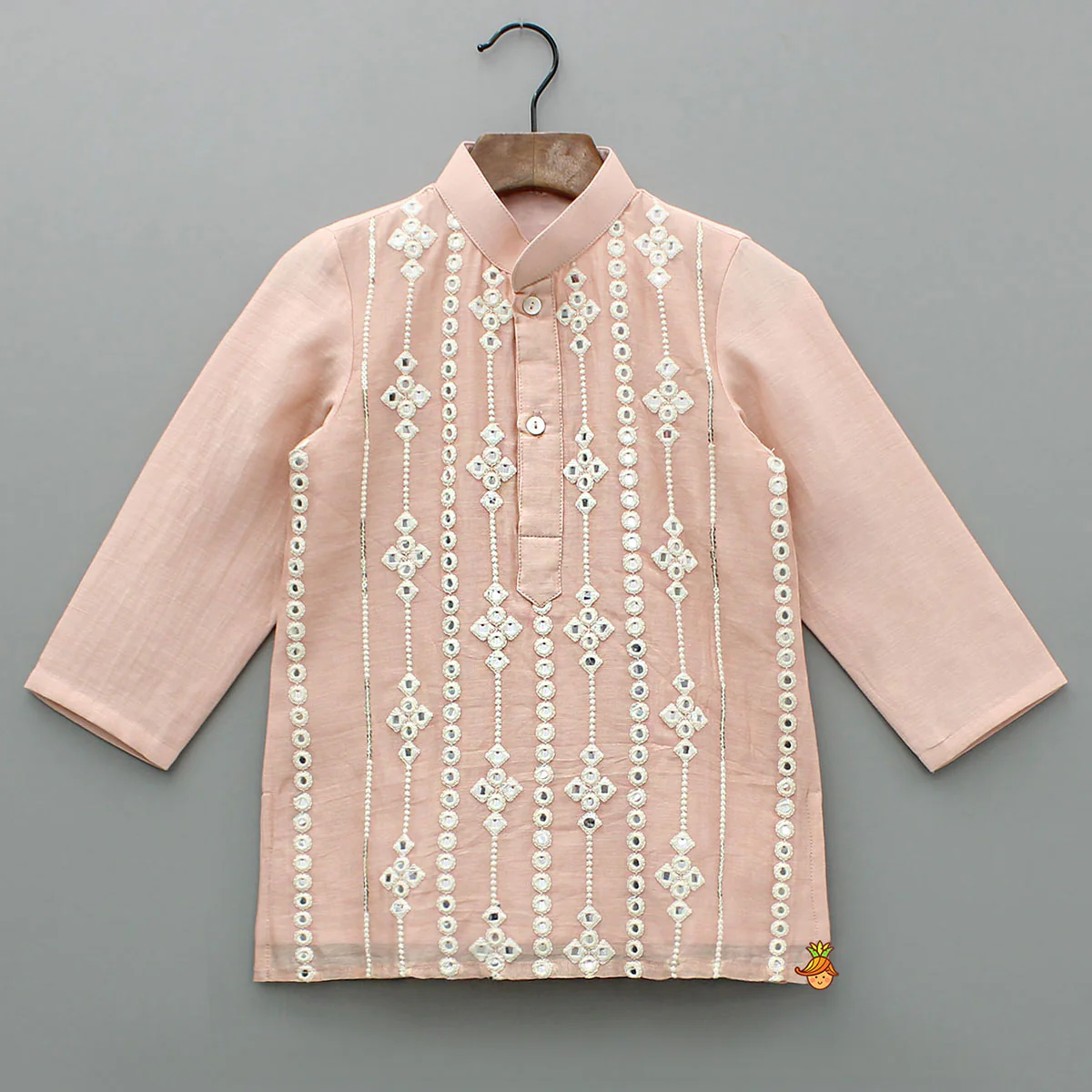 Embroidered Faux Mirror Work Peach Kurta And Pyjama - Image 3