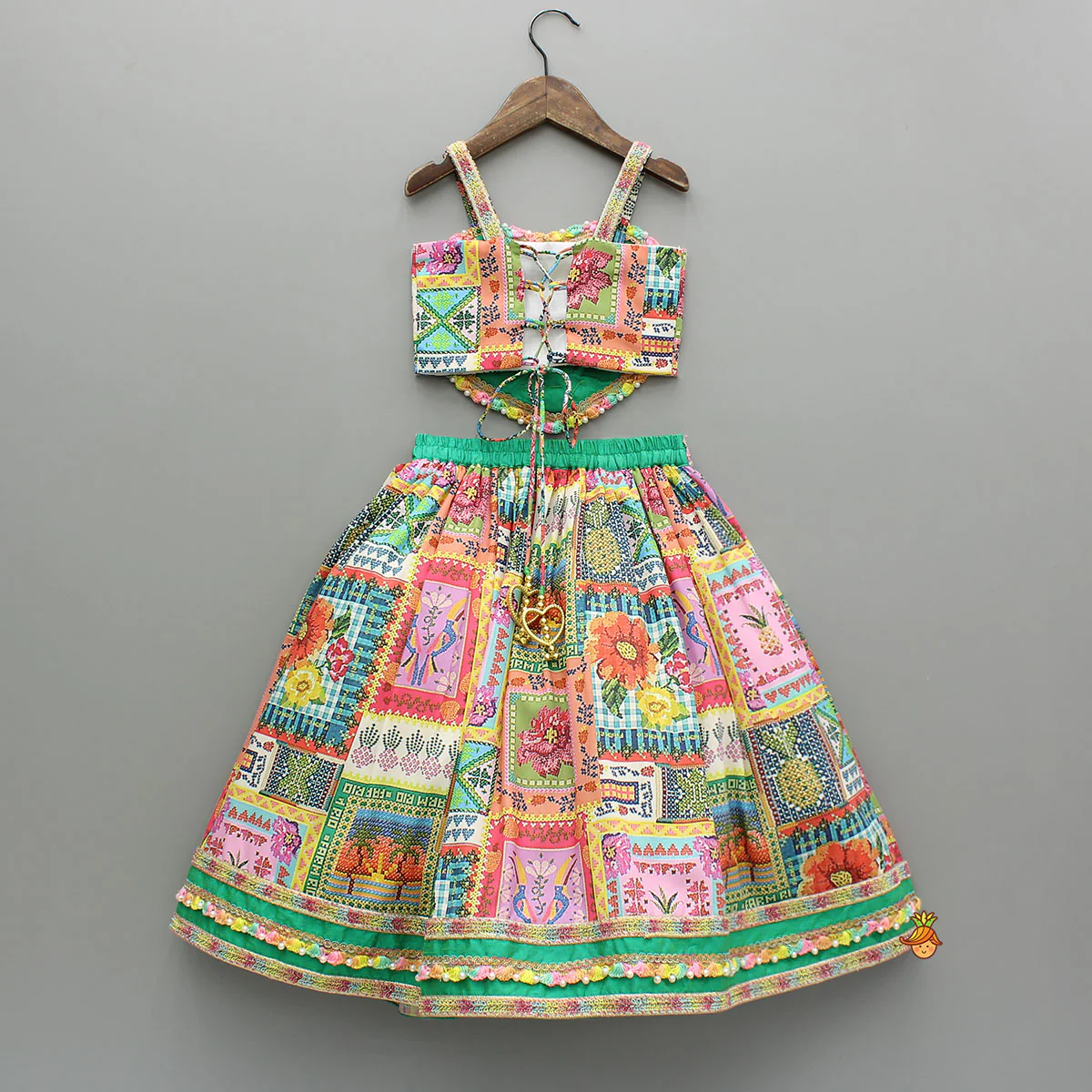 Embroidered Heart Shaped Top And Multicolour Lehenga With Dupatta - Image 2
