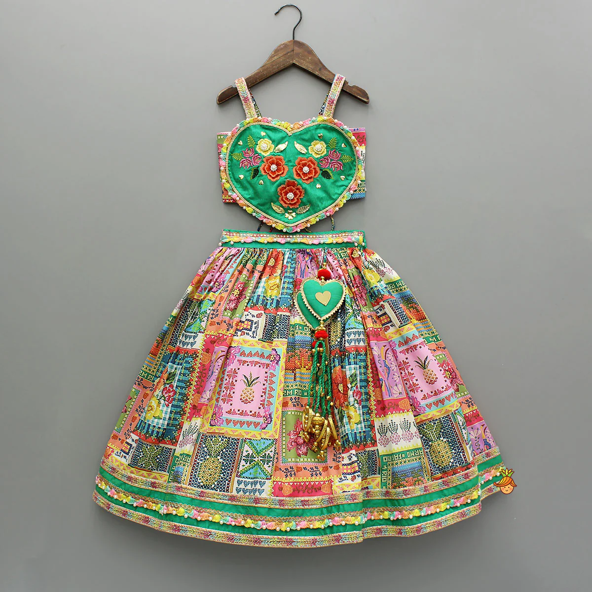 Embroidered Heart Shaped Top And Multicolour Lehenga With Dupatta - Image 3