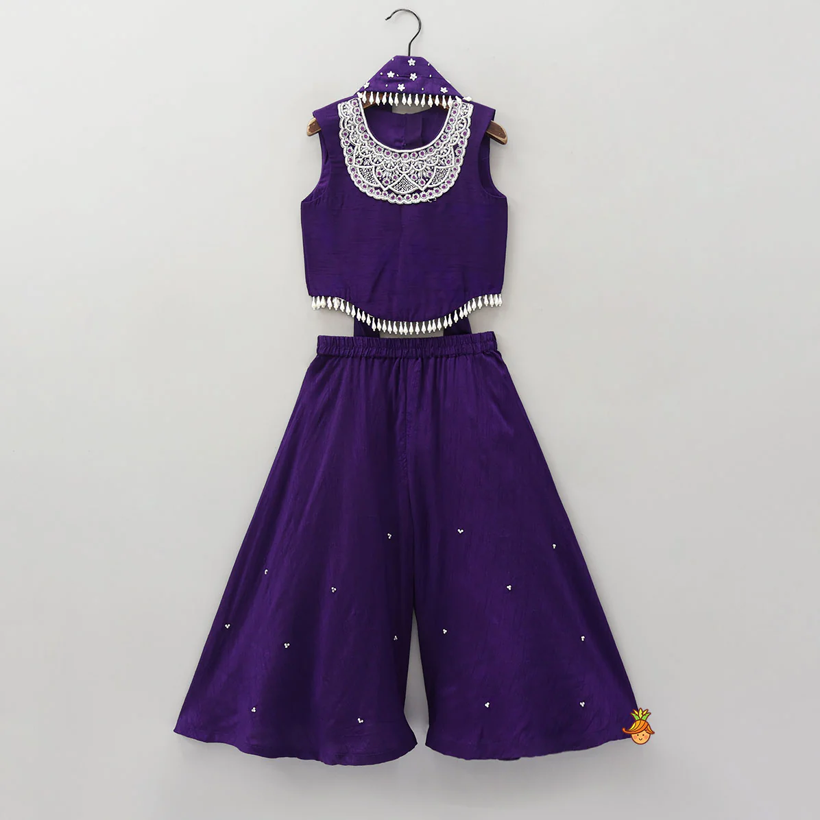 Embroidered Neckline Top And Palazzo With Organza Dupatta