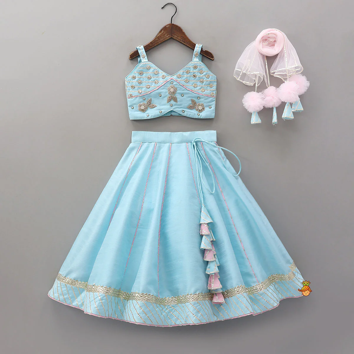 Embroidered Strappy Crop Top And Lehenga With Net Dupatta