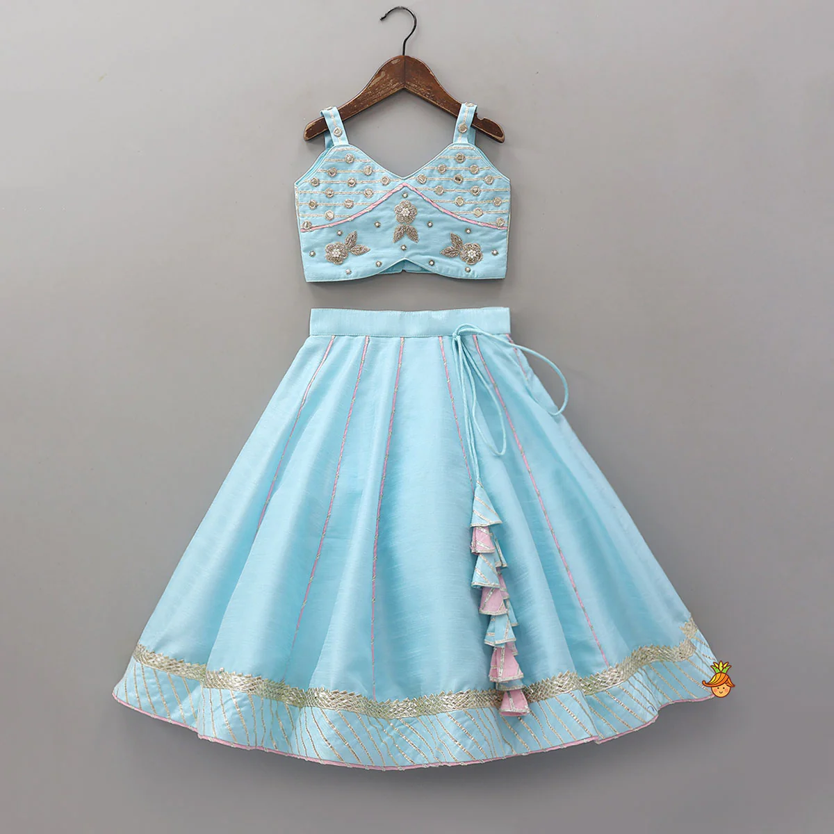 Embroidered Strappy Crop Top And Lehenga With Net Dupatta - Image 3
