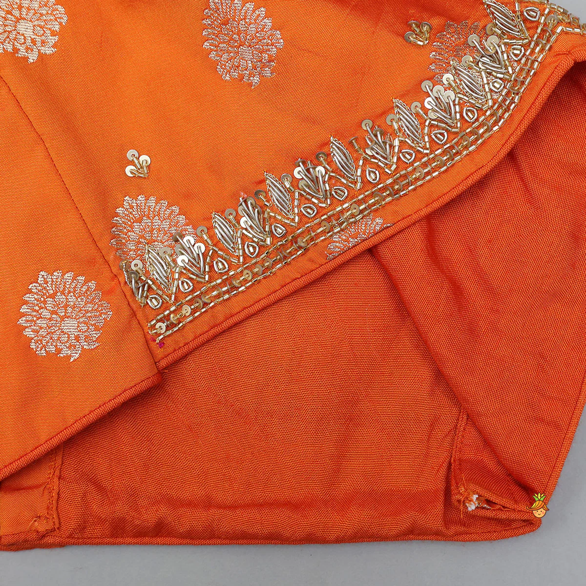 Embroidered Elegant Top And Brocade Lehenga With Matching Net Dupatta And Brocade Potli Bag - Image 6