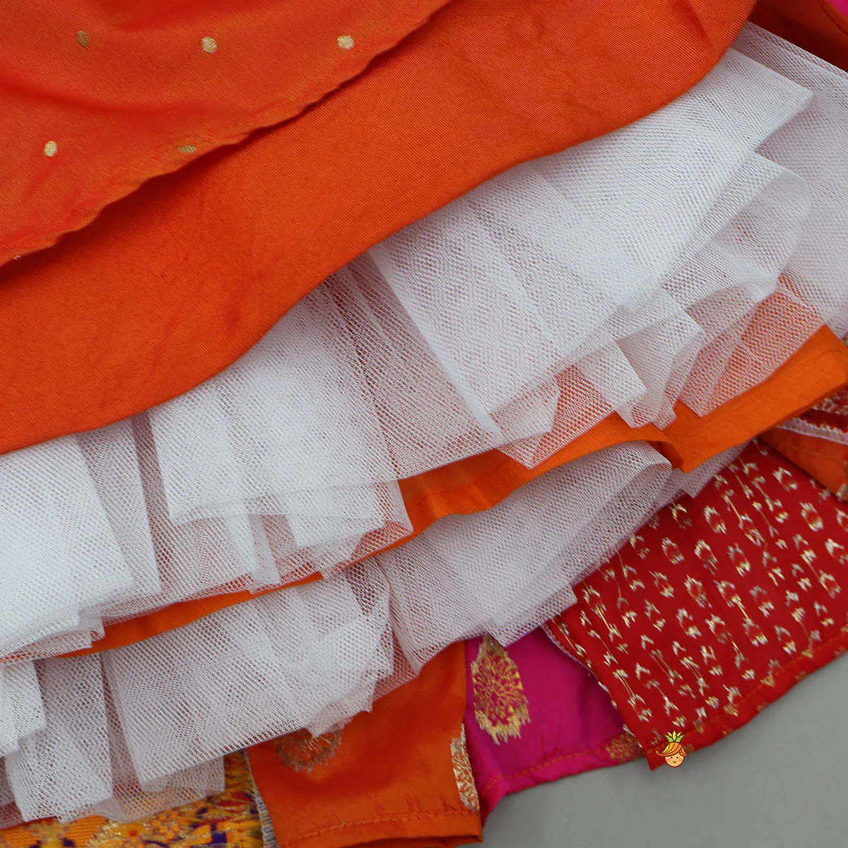 Embroidered Elegant Top And Brocade Lehenga With Matching Net Dupatta And Brocade Potli Bag - Image 7