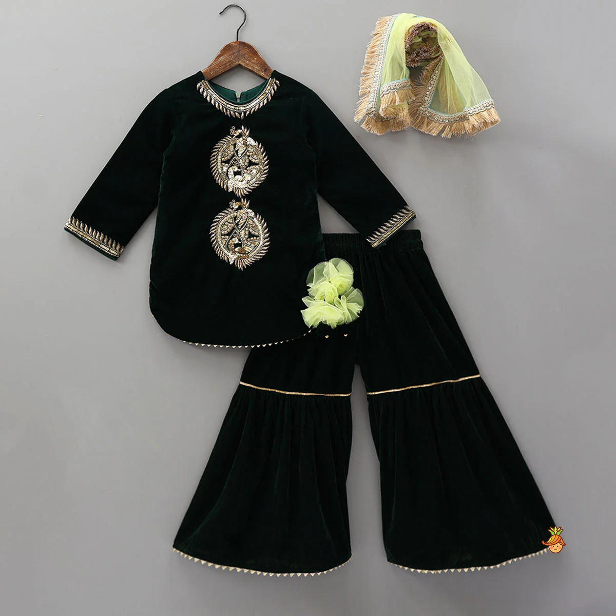 Embroidered Velvet Kurti And Sharara With Contrasting Dupatta