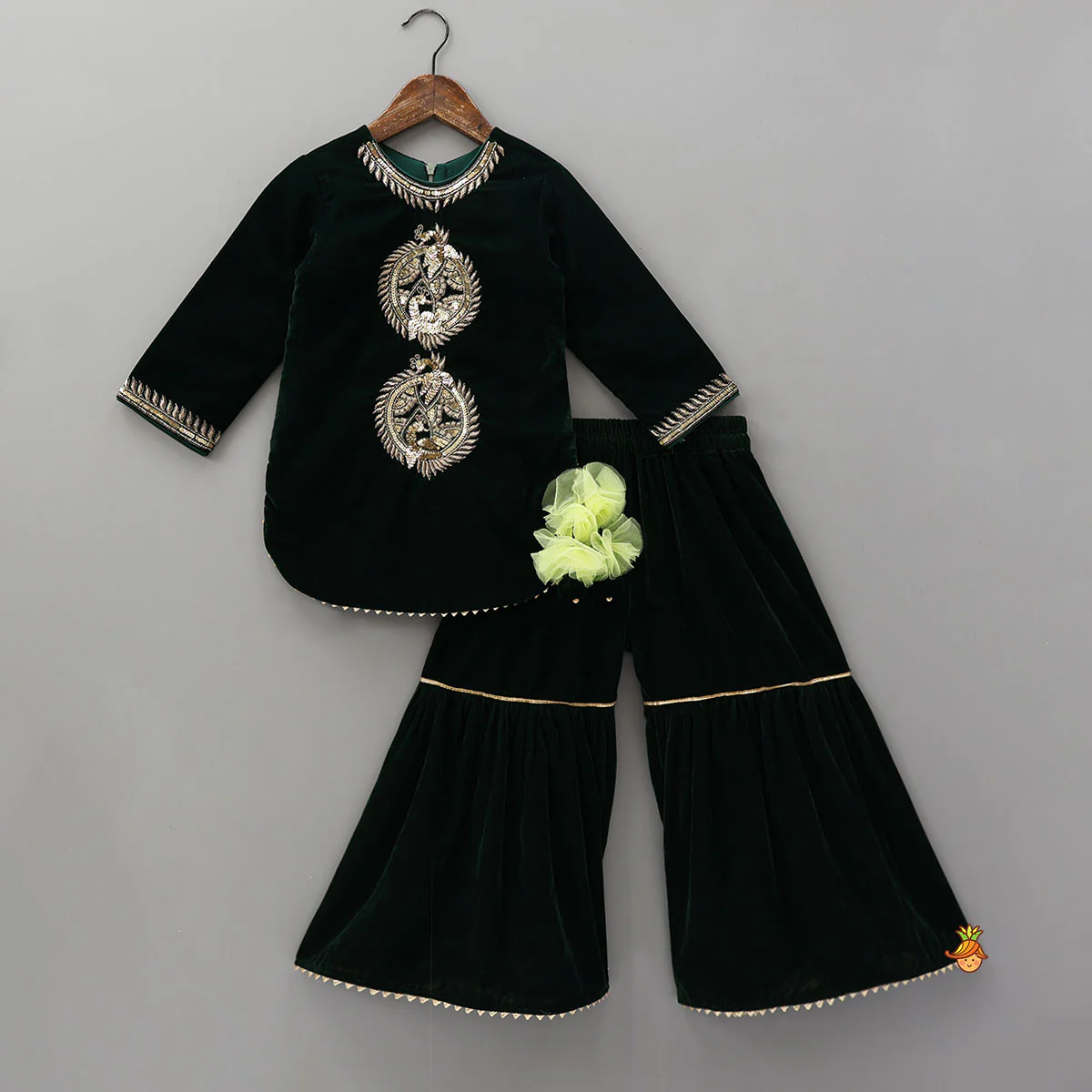 Embroidered Velvet Kurti And Sharara With Contrasting Dupatta - Image 3