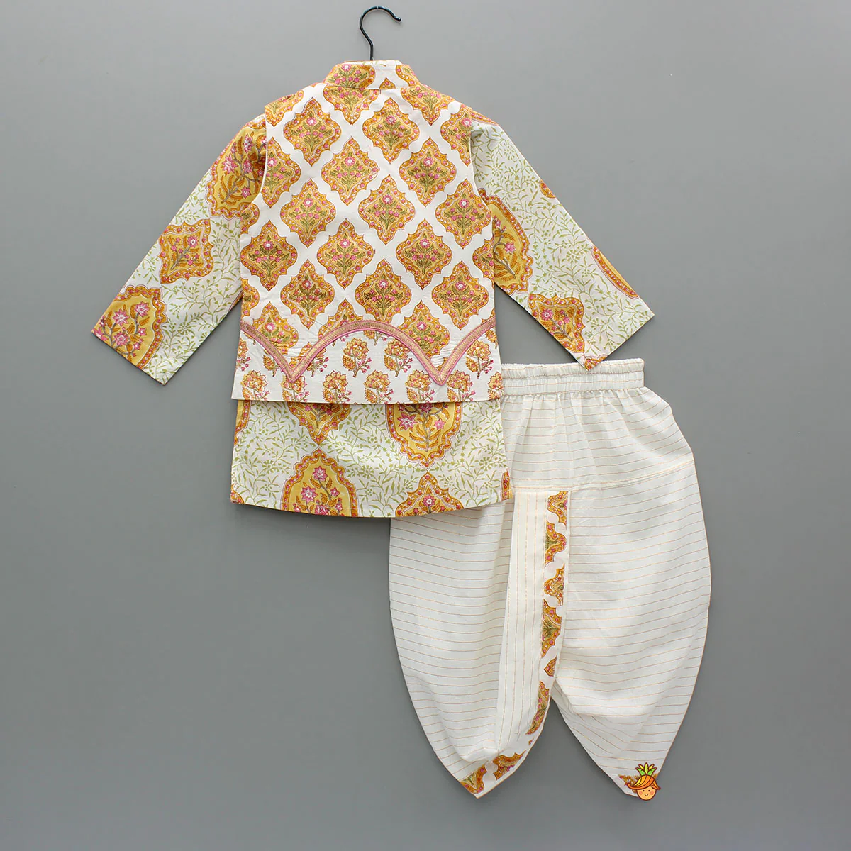 Ethnic Floral Print Kurta With Stylish Jacket And Dhoti - Image 2