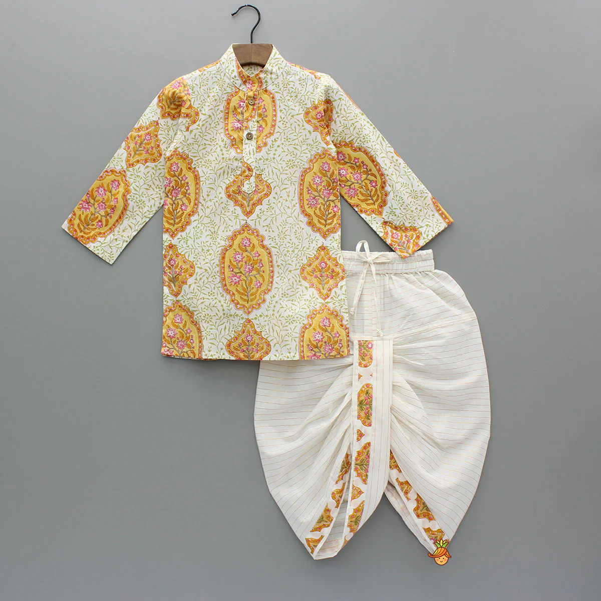 Ethnic Floral Print Kurta With Stylish Jacket And Dhoti - Image 3