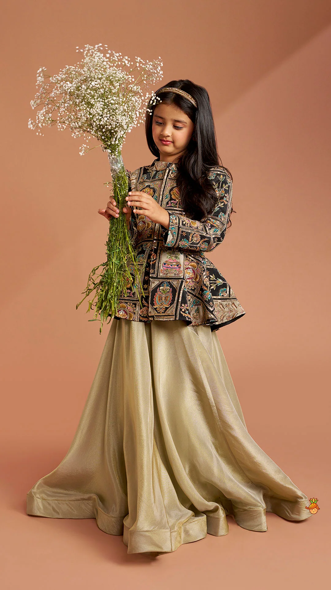 Ethnic Floral Printed And Embroidered Peplum Top With Lehenga - Image 4