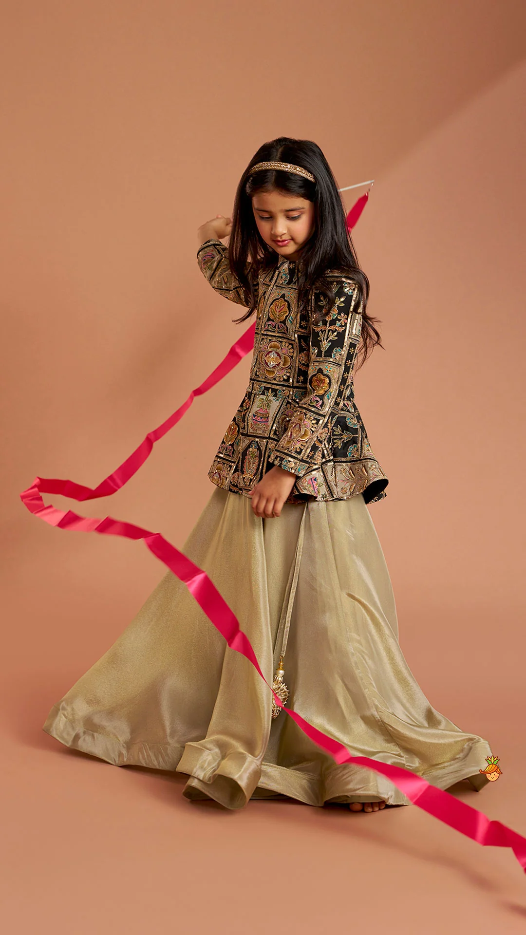 Ethnic Floral Printed And Embroidered Peplum Top With Lehenga - Image 6