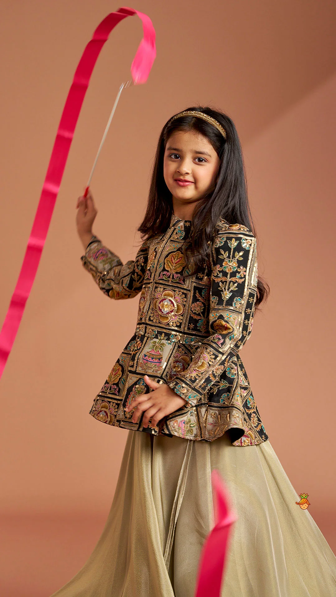 Ethnic Floral Printed And Embroidered Peplum Top With Lehenga - Image 8
