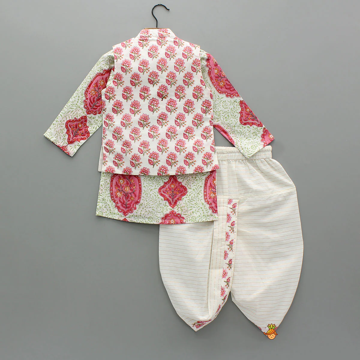 Ethnic Floral Printed Kurta With Jacket And Dhoti - Image 2