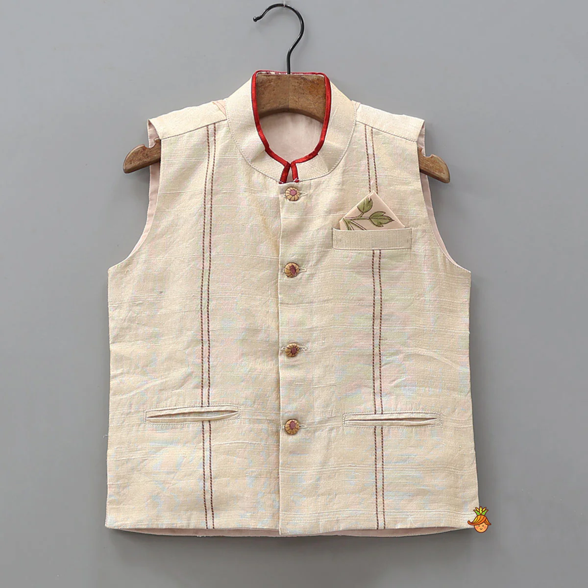 Ethnic Floral Printed Kurta With Pocket Detail Jacket And Pyjama - Image 6