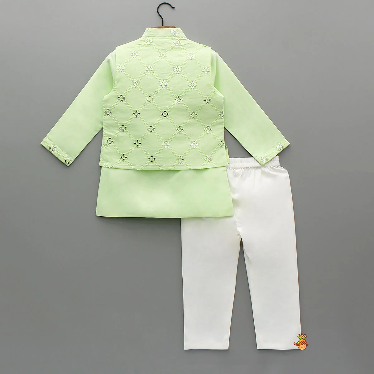 Ethnic Kurta With Faux Mirror Work Jacket And Pyjama - Image 2