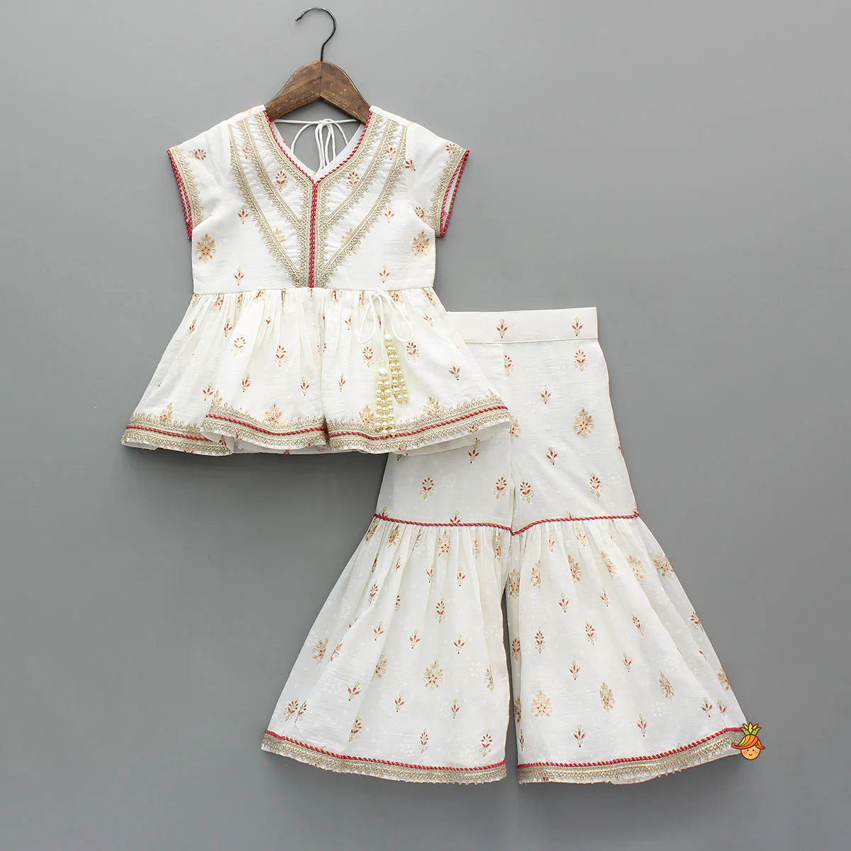 Ethnic Printed Peplum Kurti With Matching Sharara And Dupatta - Image 3
