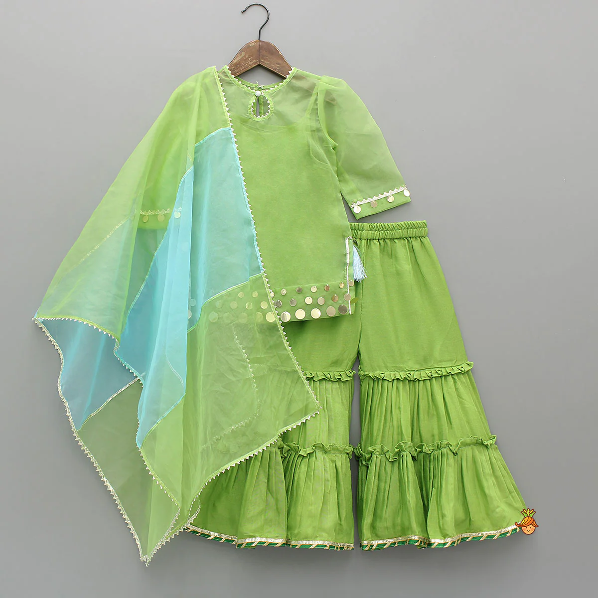 Ethnic Strappy Top With Embellished Kurti And Ruffled Sharara With Dupatta