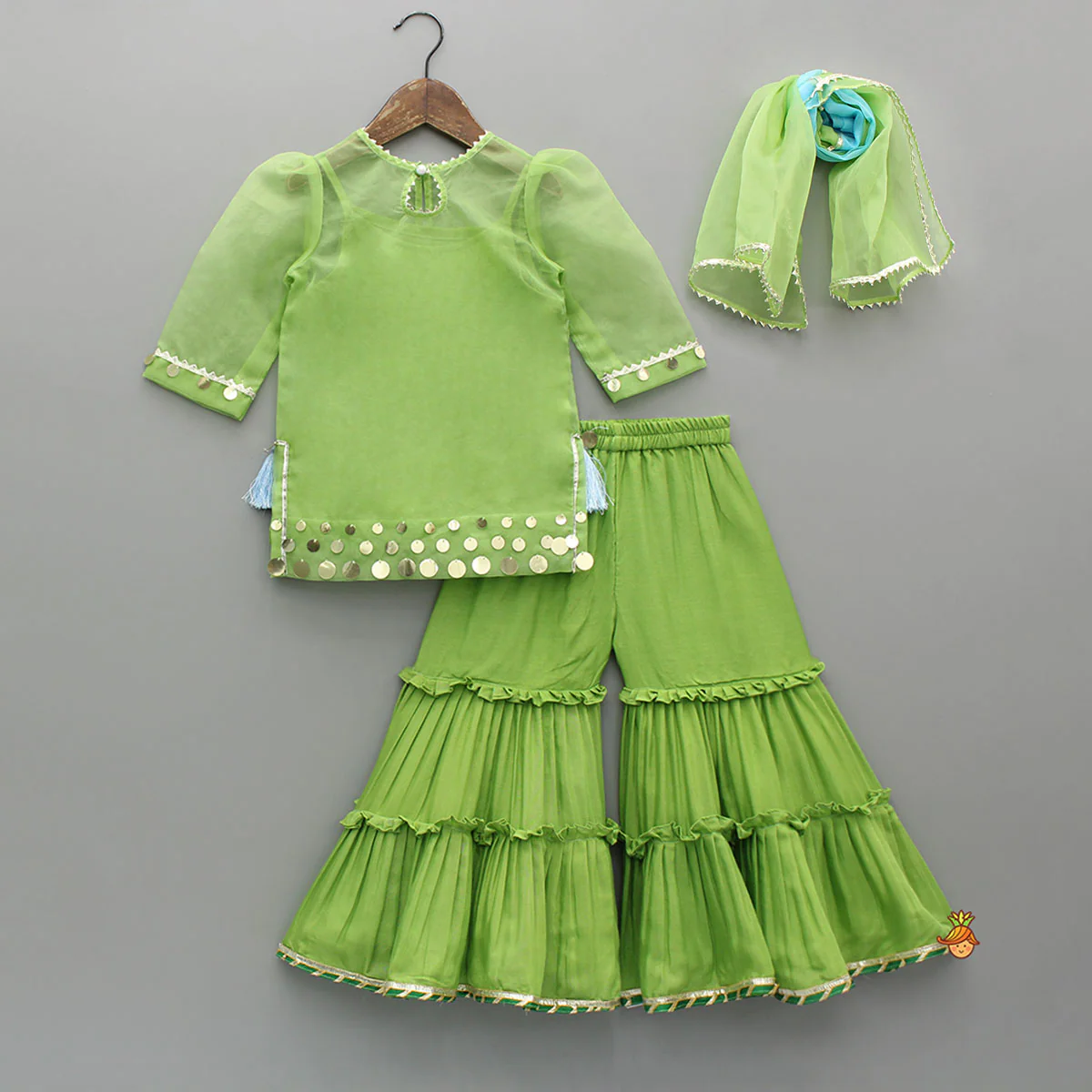 Ethnic Strappy Top With Embellished Kurti And Ruffled Sharara With Dupatta - Image 2