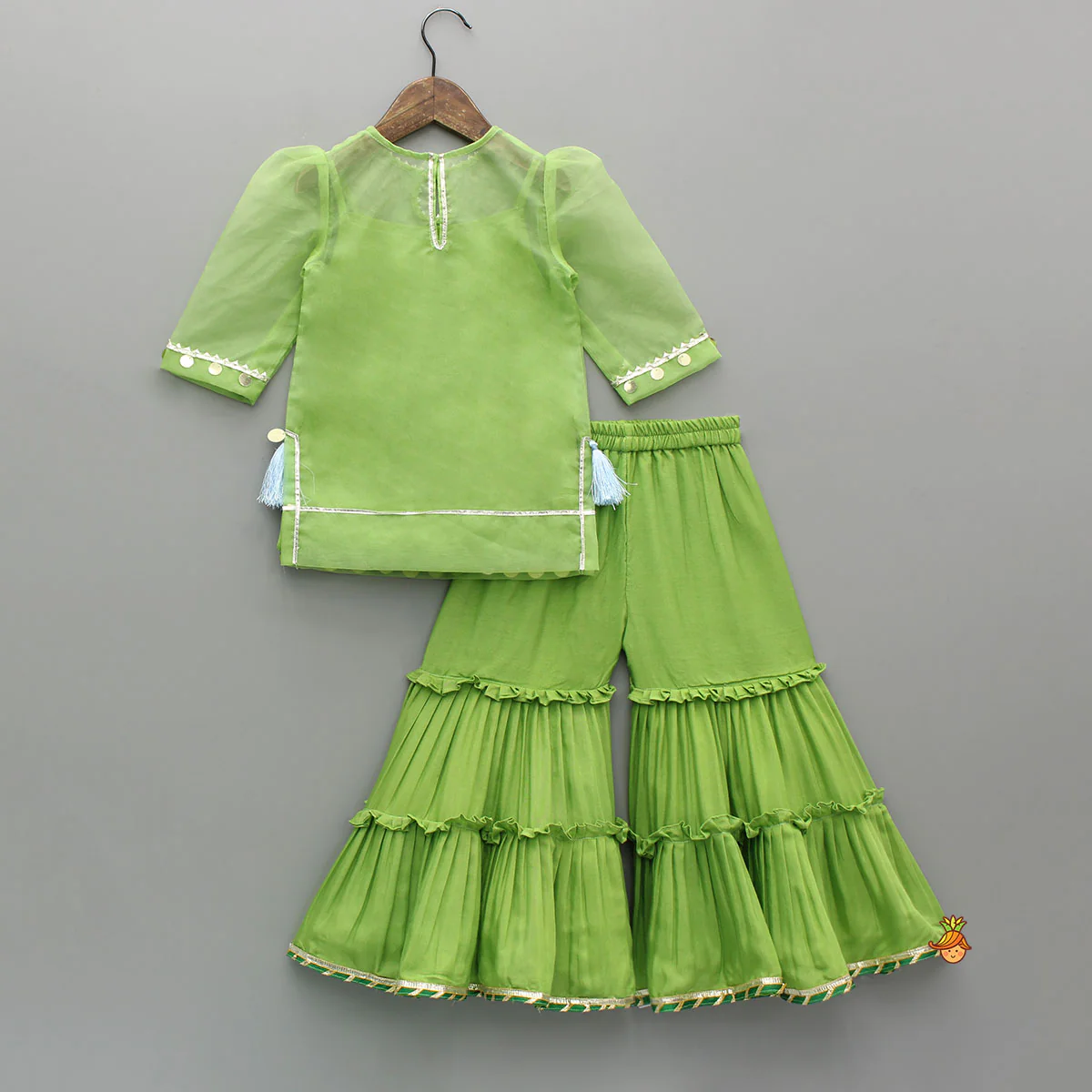 Ethnic Strappy Top With Embellished Kurti And Ruffled Sharara With Dupatta - Image 3
