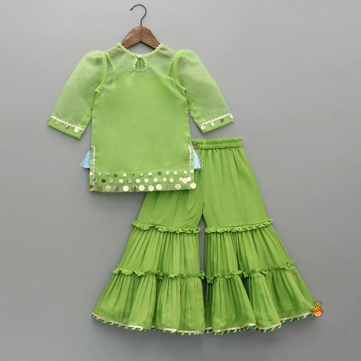 Ethnic Strappy Top With Embellished Kurti And Ruffled Sharara With Dupatta - Image 4