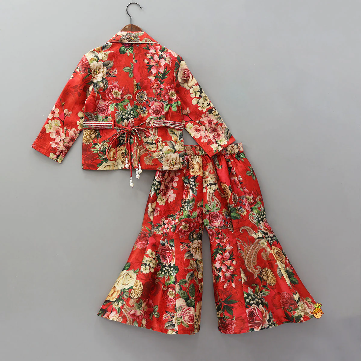 Exquisite Floral Printed Jacket Style Top With Flared Pants And Embroidered Belt - Image 2