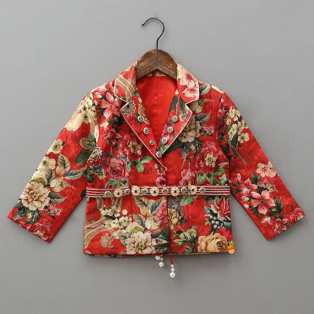 Exquisite Floral Printed Jacket Style Top With Flared Pants And Embroidered Belt - Image 3