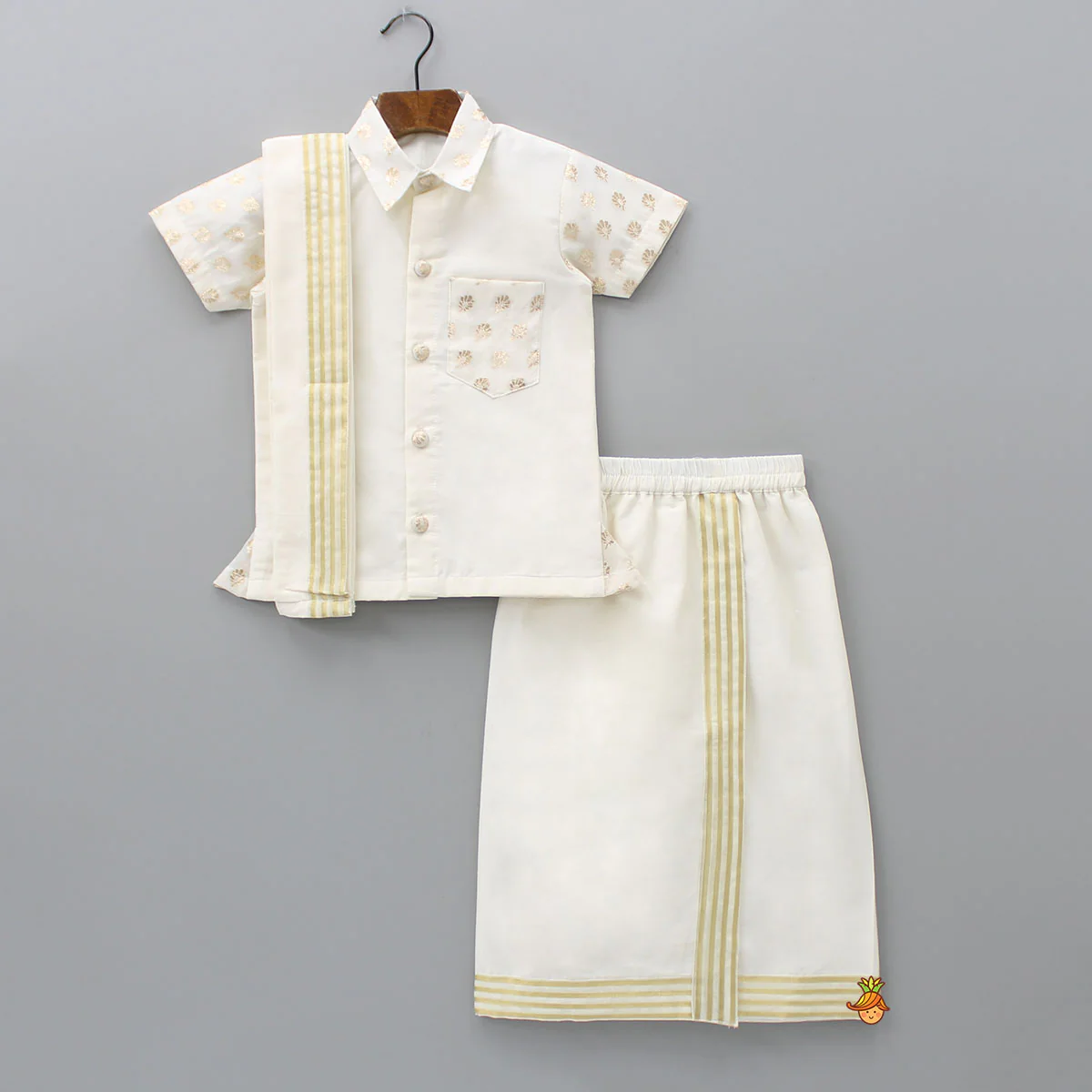 Exquisite Off White Shirt And Stitched Lungi With Shawl