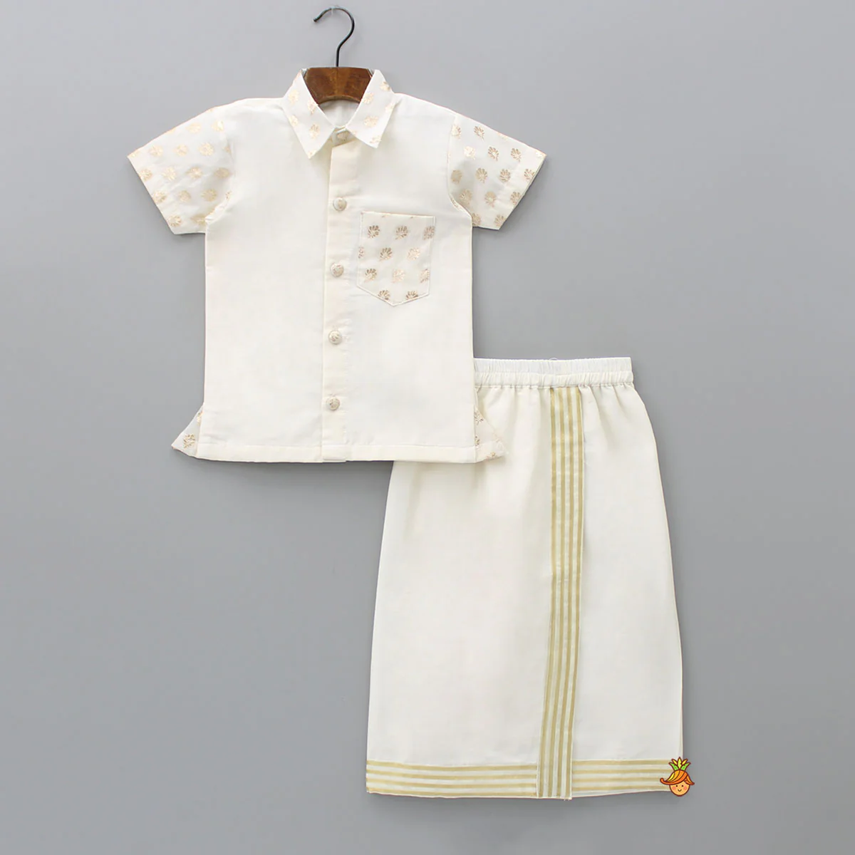 Exquisite Off White Shirt And Stitched Lungi With Shawl - Image 3