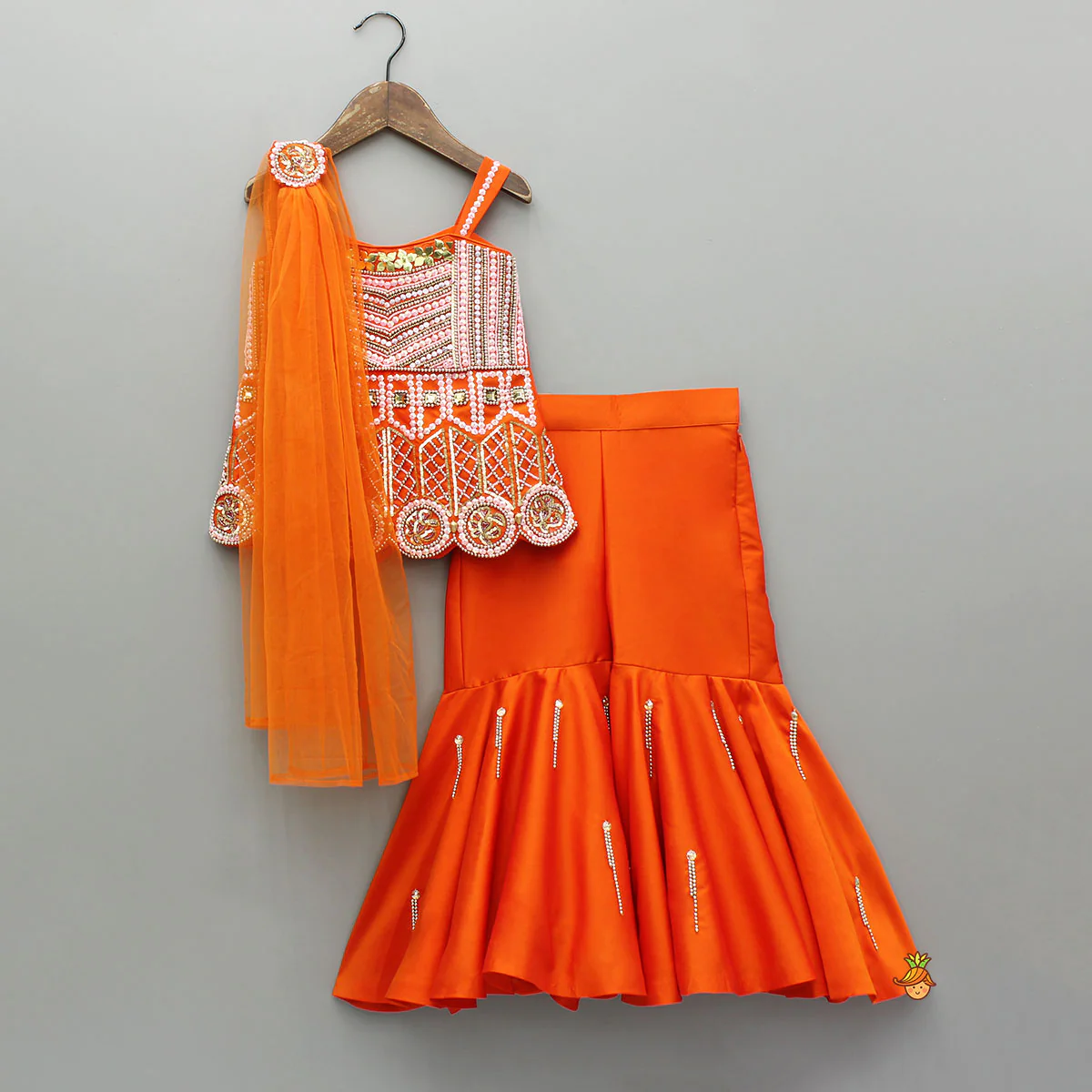 Exquisite Orange Kurti With Flared Sharara And Choker Dupatta