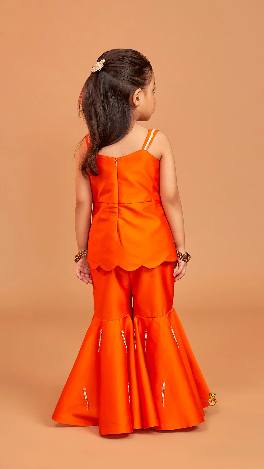 Exquisite Orange Kurti With Flared Sharara And Choker Dupatta - Image 10