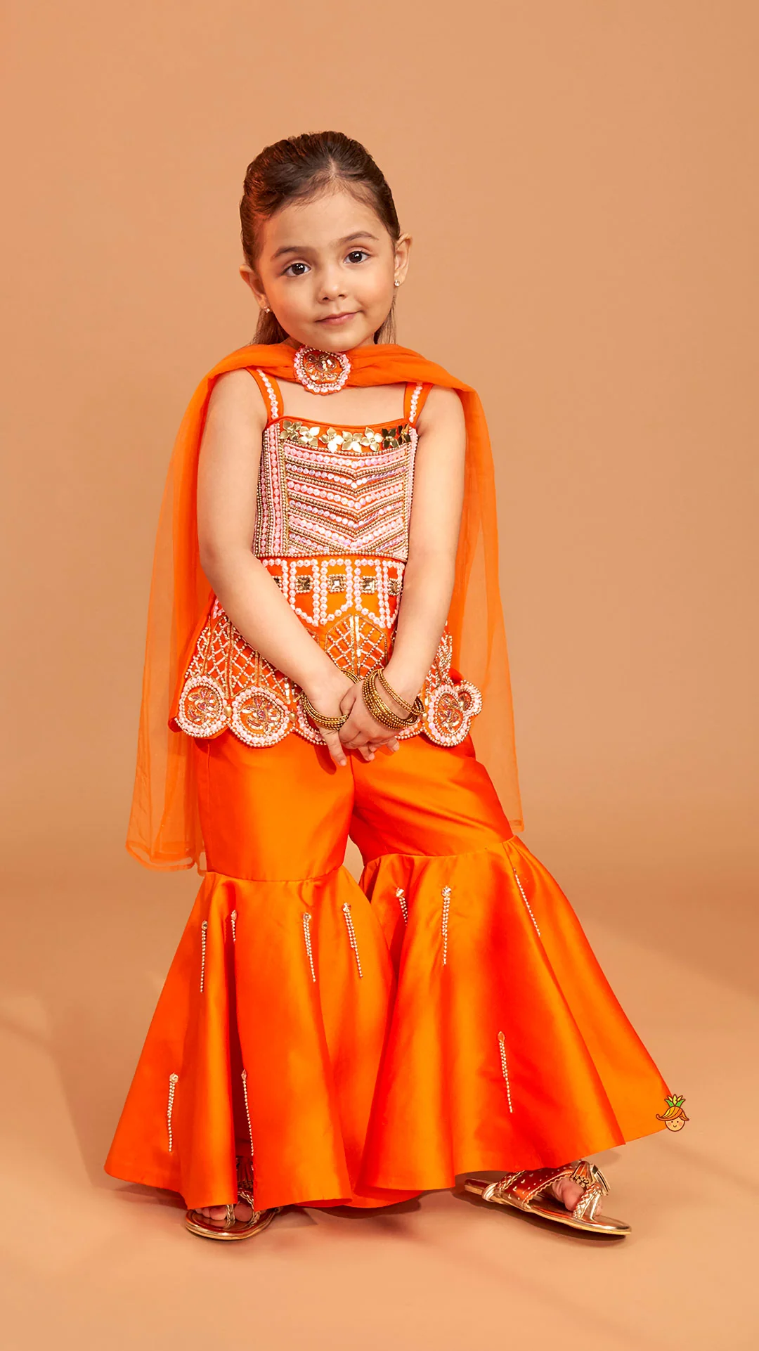 Exquisite Orange Kurti With Flared Sharara And Choker Dupatta - Image 2