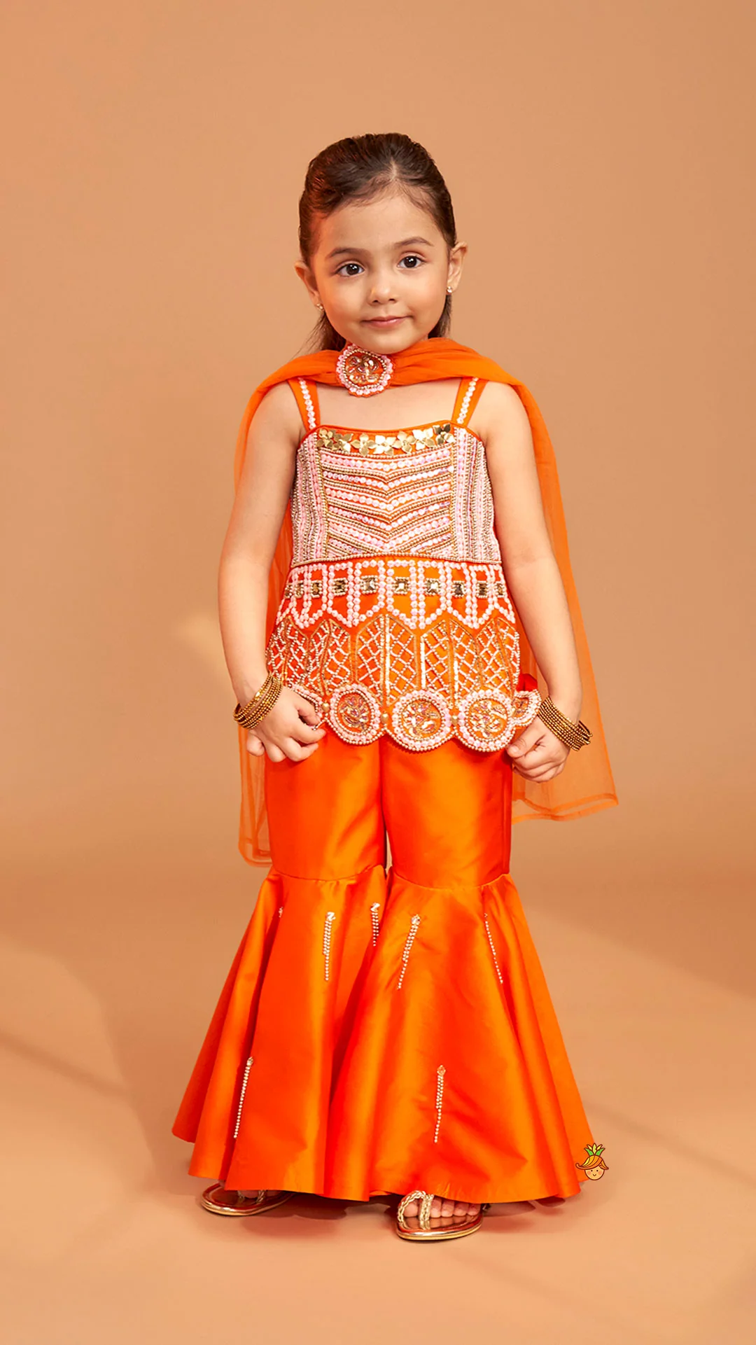 Exquisite Orange Kurti With Flared Sharara And Choker Dupatta - Image 3